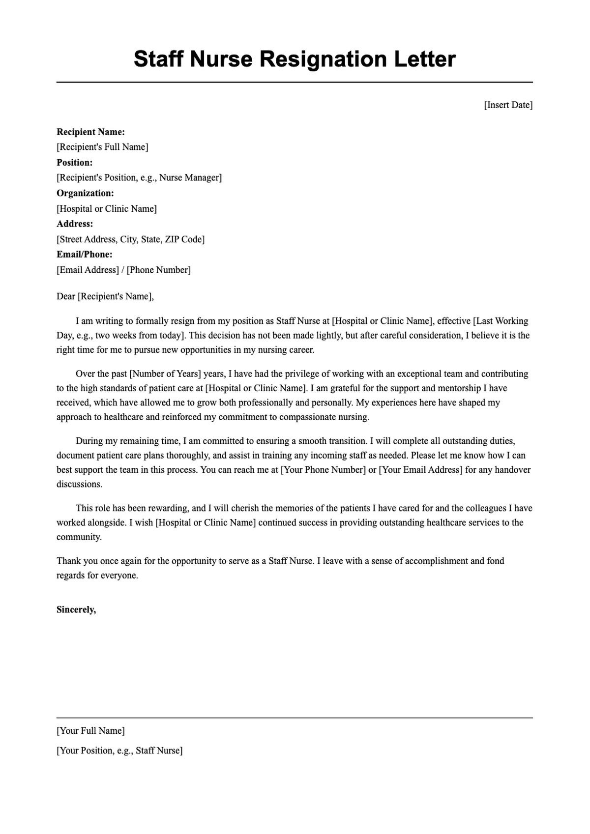 Staff nurse resignation letter sample with placeholder fields_variant_3